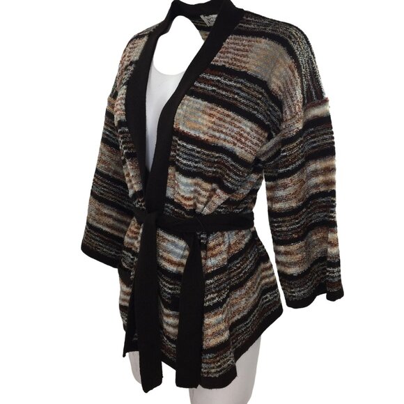 Vintage Rochelle Womens Cardigan Wrap Sweater Brown Striped Cream Blue Size XL - Picture 3 of 10